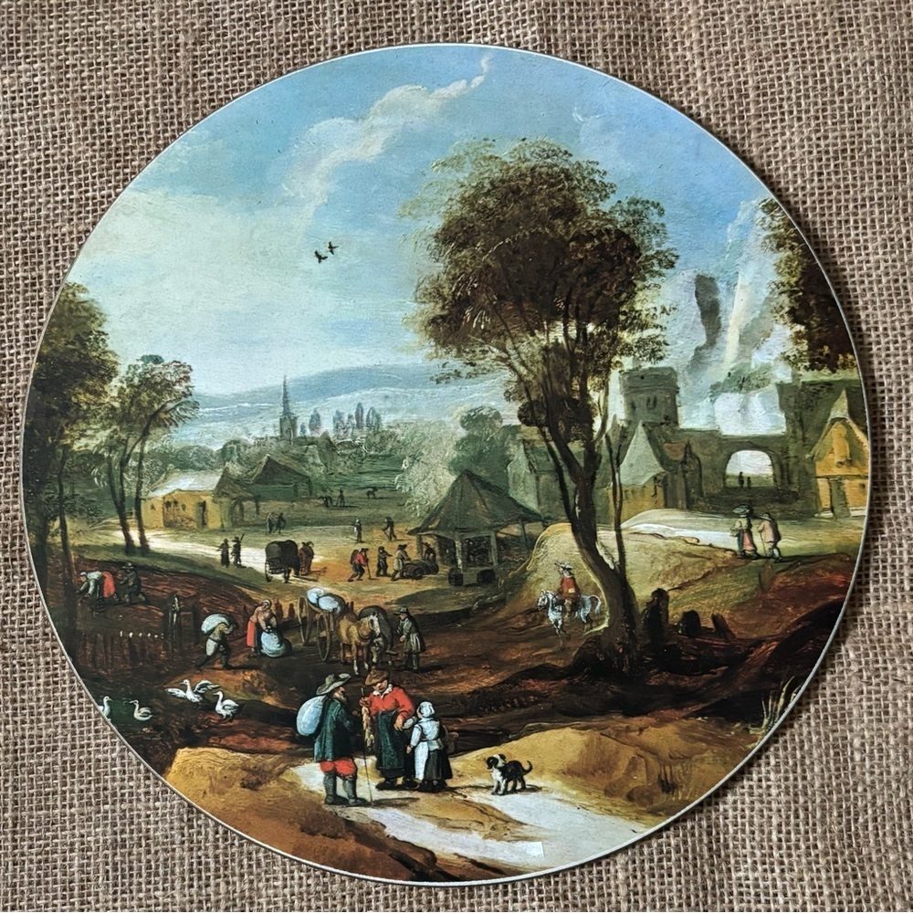 Vintage The Four Seasons Spring Round Art Print On Wood Jodocus de Momper Rustic